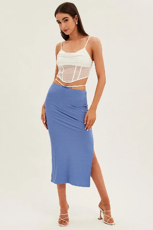 Blue Midi Skirt Bodycon Tie Contrast Ribbed