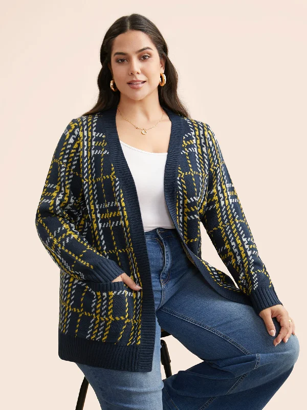 Kimono Collar Plaid Pocket Cardigan