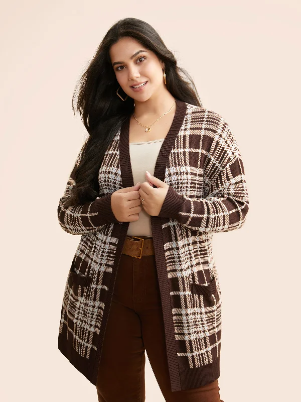 Plaid Open Front Patch Pocket Cardigan